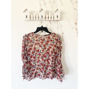 ZARA Floral Sheer Ruched Sleeve Blouse